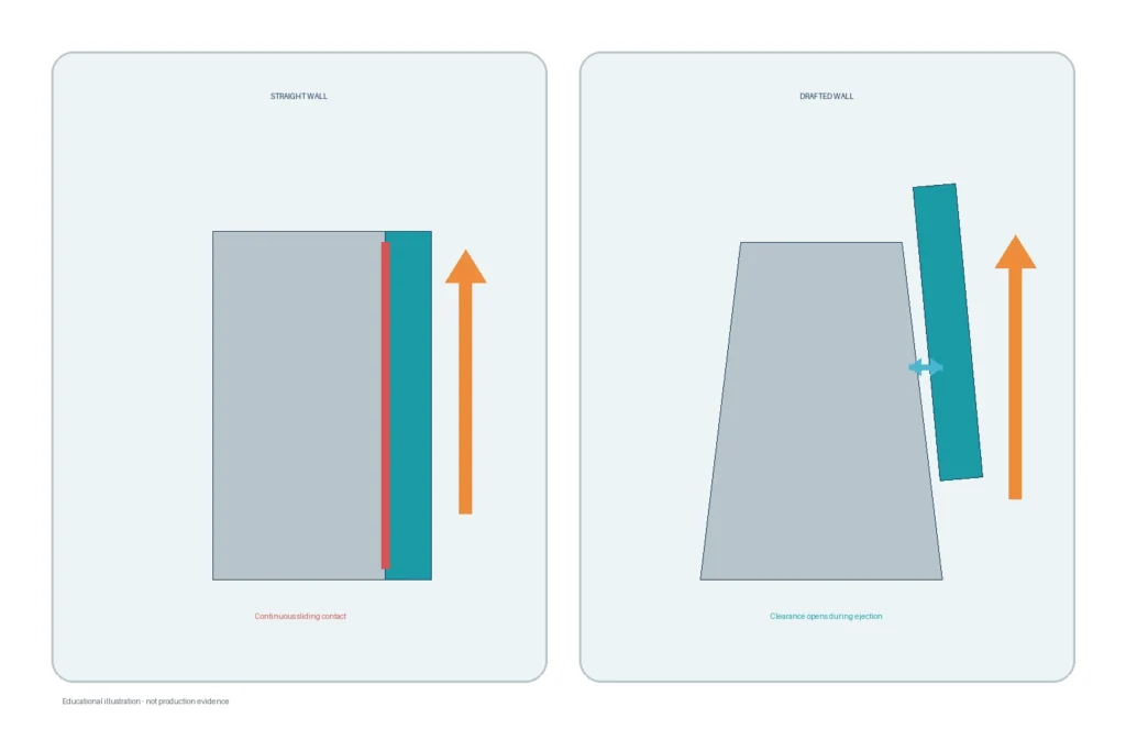 Conceptual comparison of straight and drafted walls for injection molding ejection