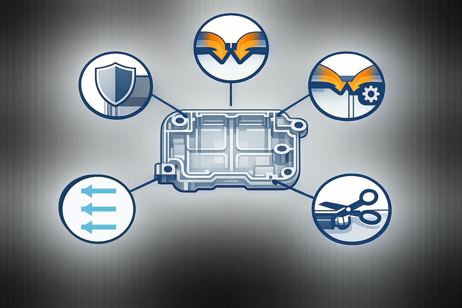 Injection molding gate-location DFM review showing cosmetic zones, flow paths, weld lines, vents, and vestige access