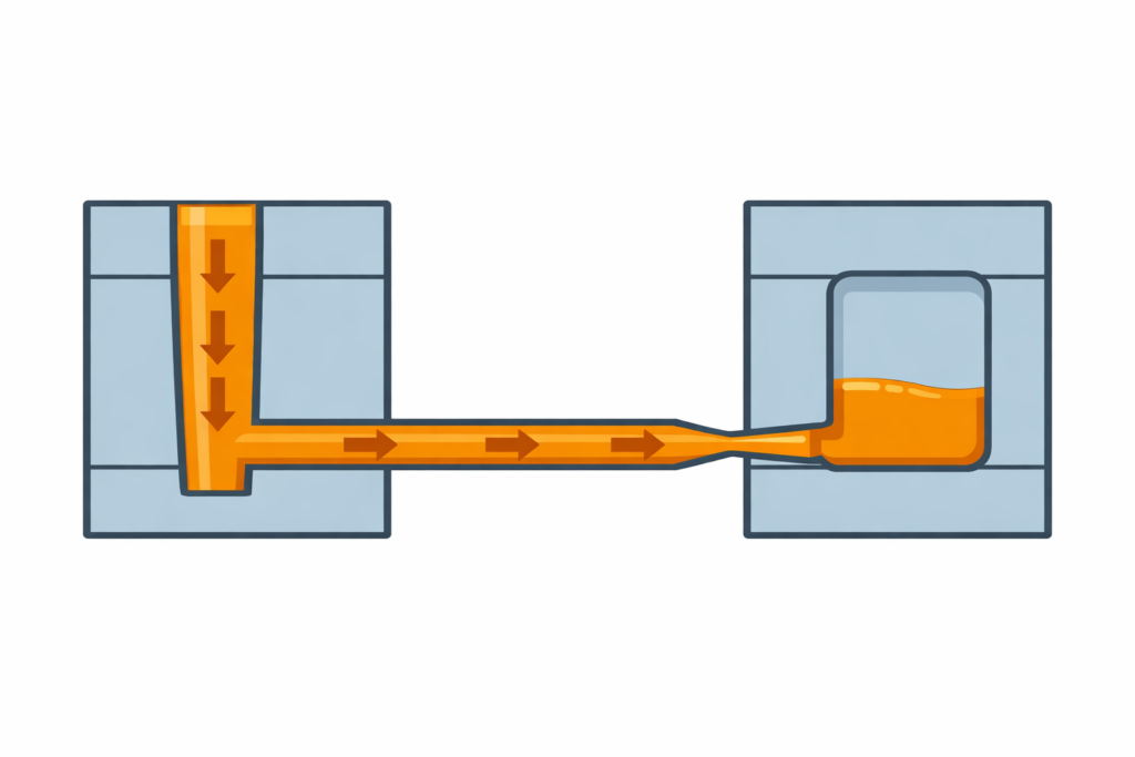 Conceptual cutaway showing a runner, gate, and balanced flow entering an injection mold cavity