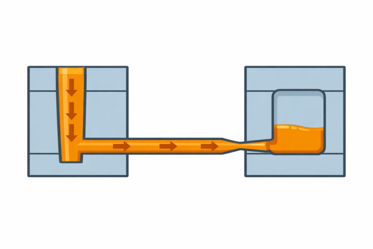 Conceptual cutaway showing a runner, gate, and balanced flow entering an injection mold cavity