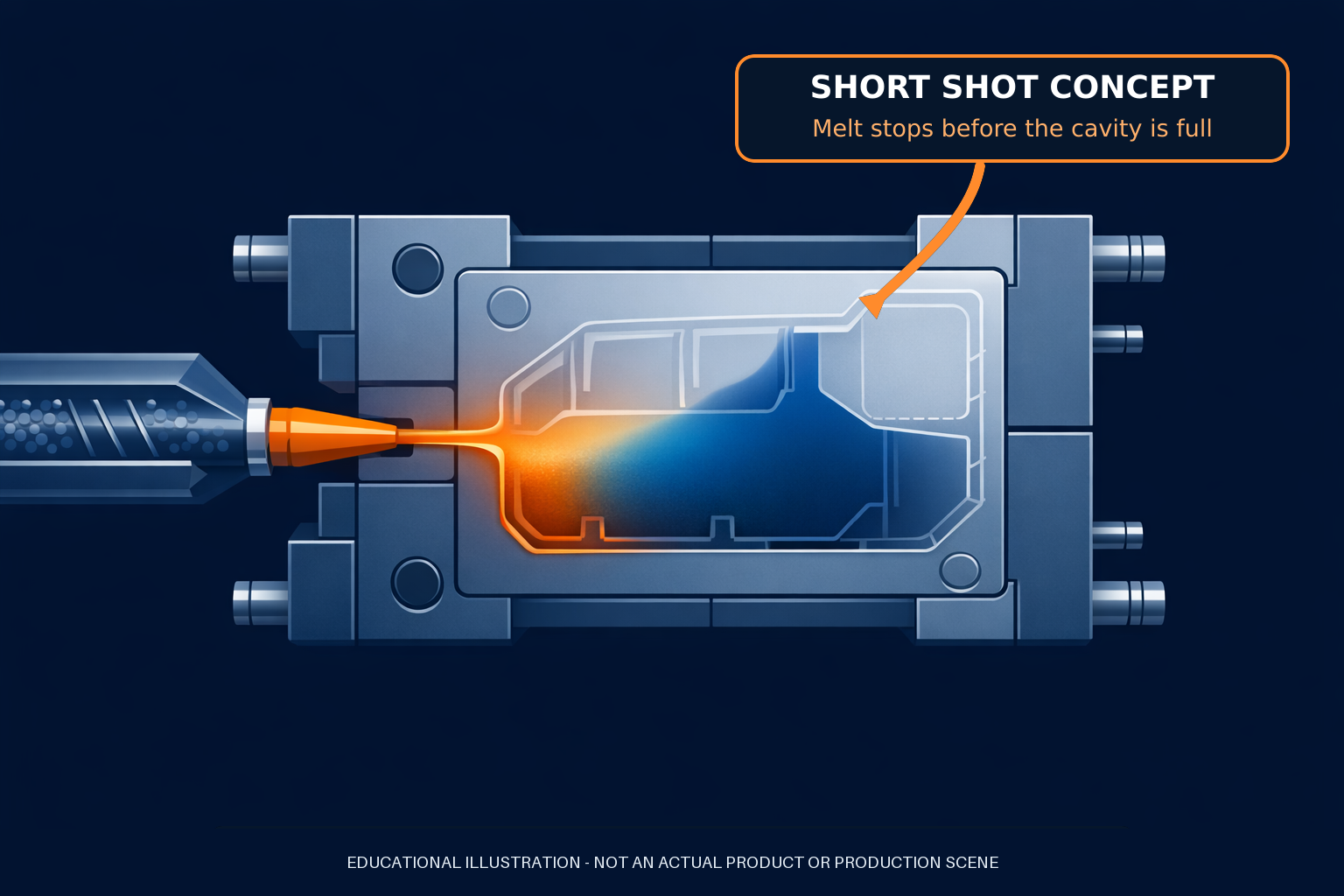Conceptual illustration of an injection molding short shot leaving a cavity incompletely filled