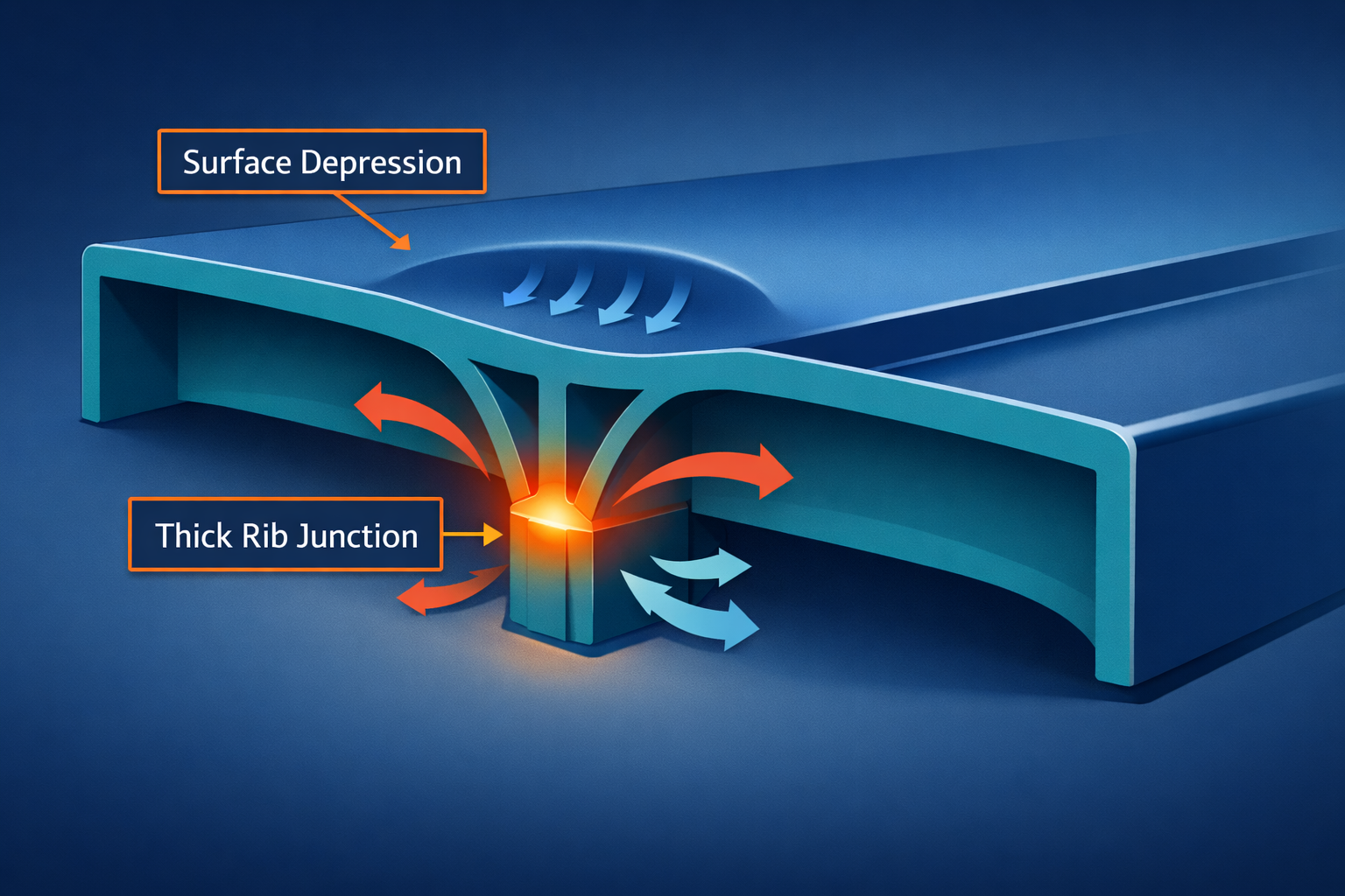 Cross-section illustration of an injection molding sink mark opposite a rib