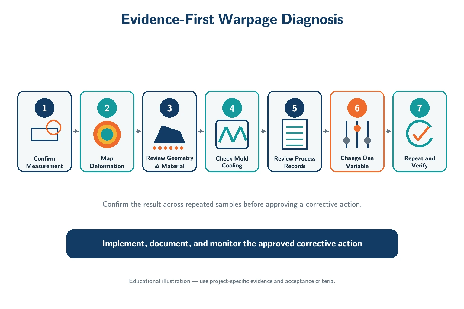 Seven-stage evidence-first diagnostic sequence for injection molding warpage