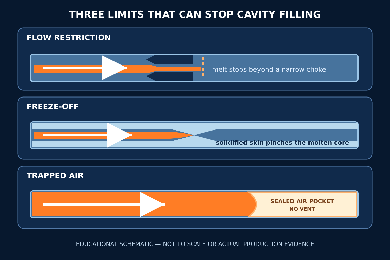 Three conceptual mechanisms that can stop cavity filling: flow restriction, freeze-off, and trapped air