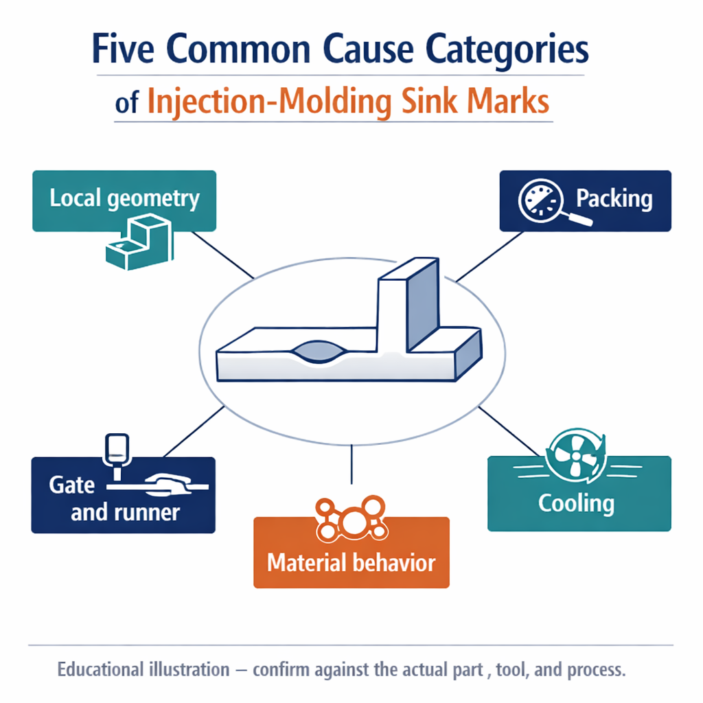 Root-cause map for sink marks covering geometry, packing, gating, cooling, and material