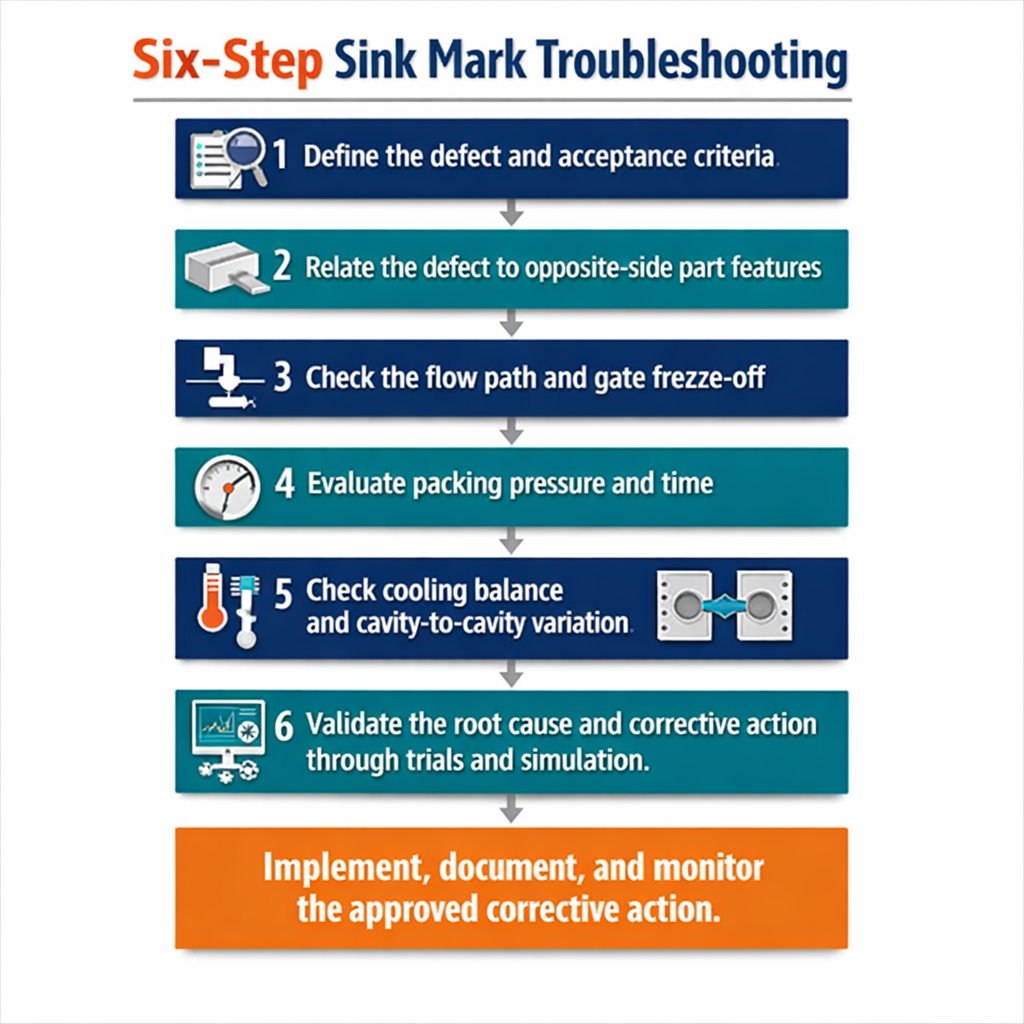 Six-step flowchart for diagnosing sink marks in injection molded parts