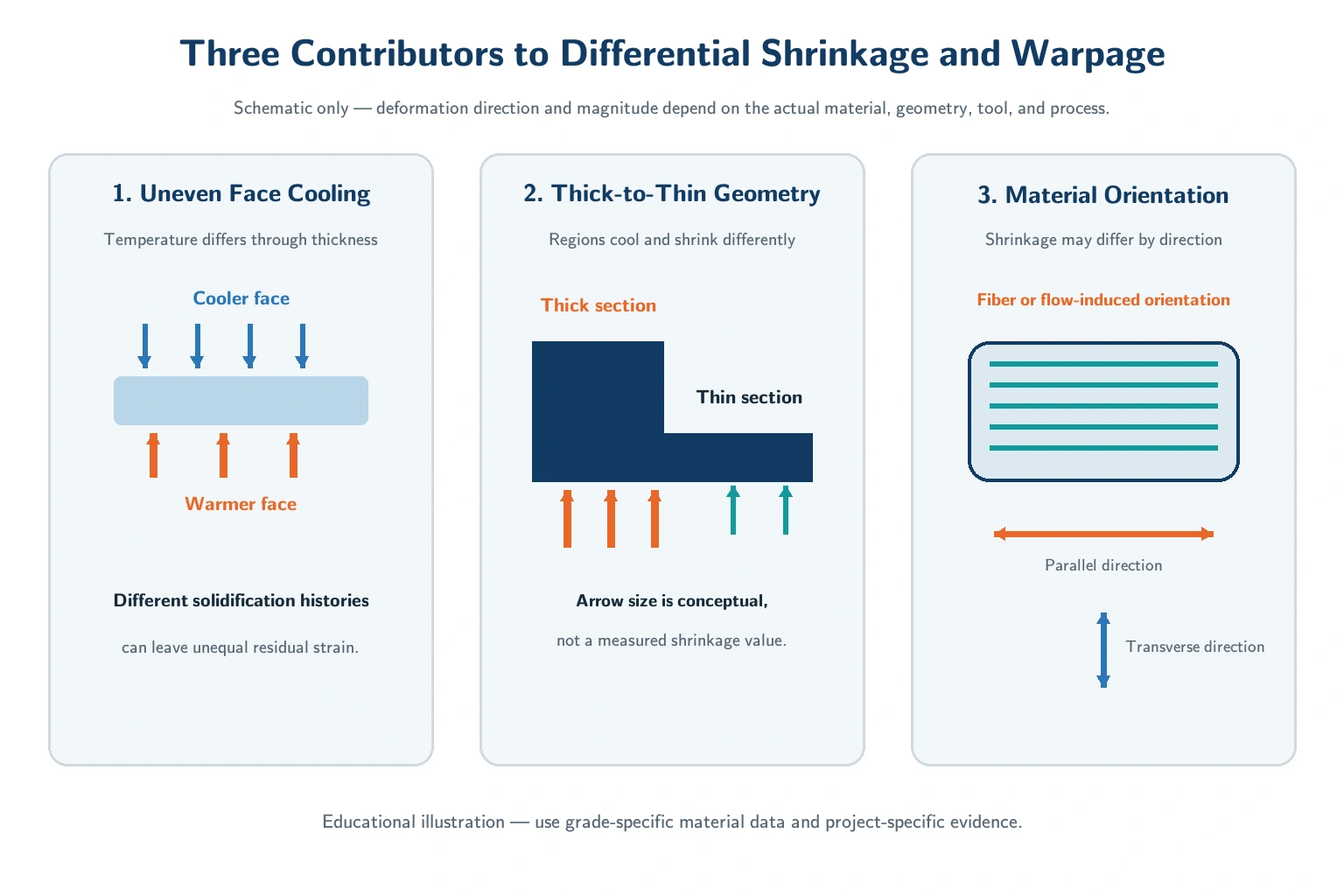 Three contributors to differential shrinkage and injection molding warpage